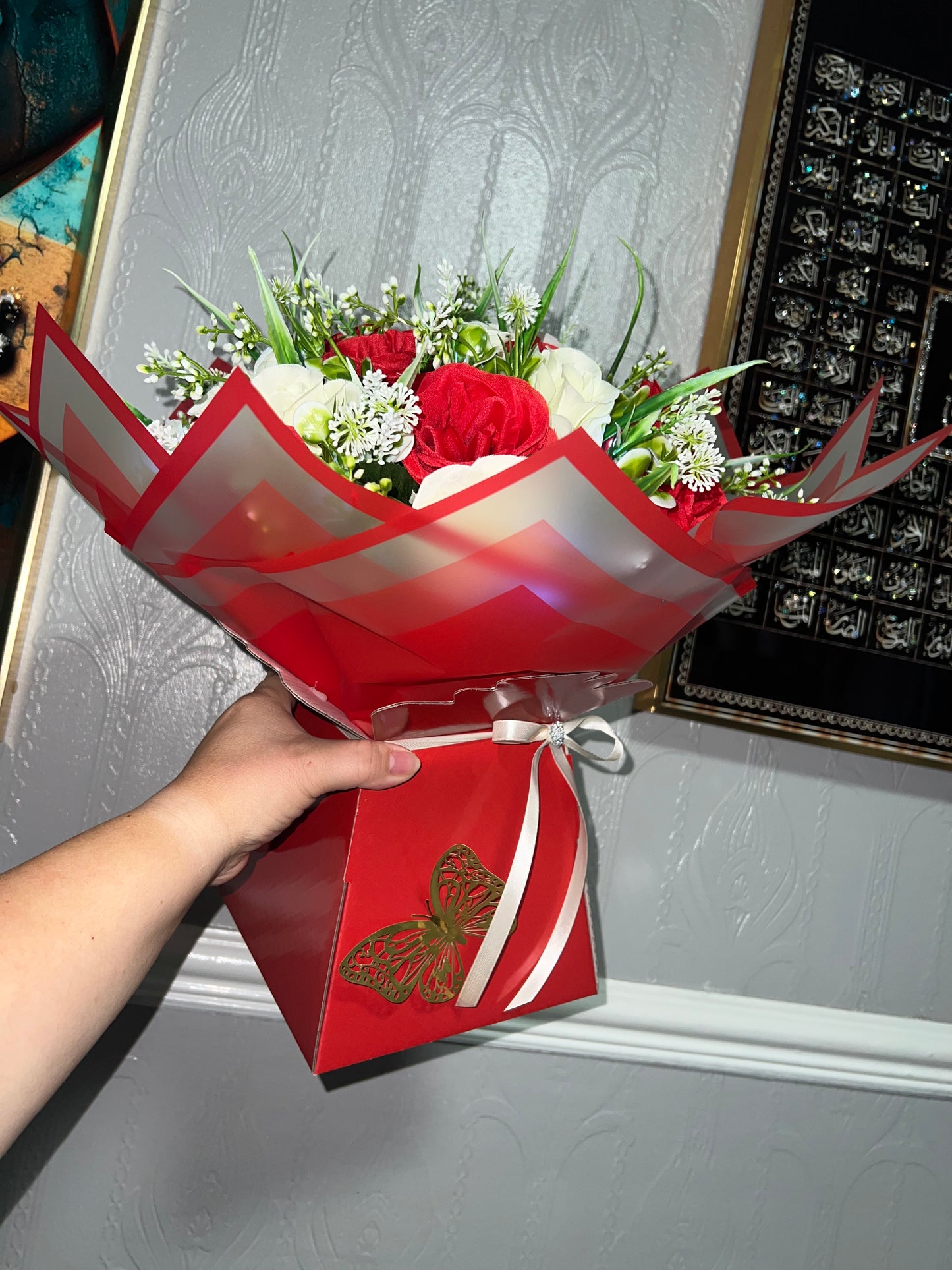 Luxury Red & White Artificial Flower Bouquet in Gift Box Red & White Silk Rose Bouquet | Artificial Flowers | Romantic Gift Box Arrangement