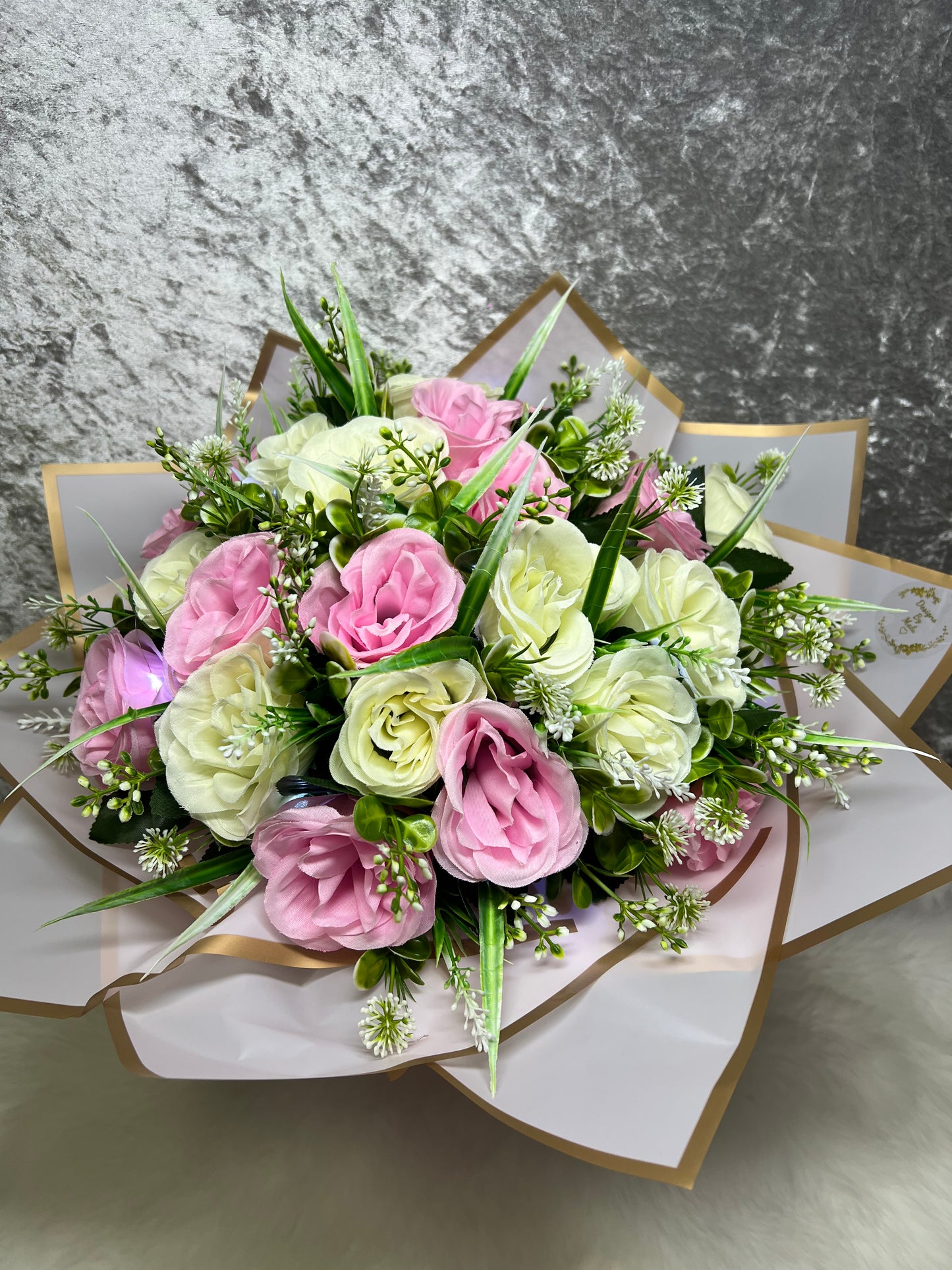 Elegant Pink & Cream Artificial Flower Bouquet in Gift Box with led light