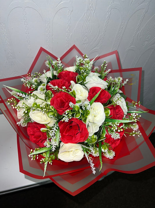 Luxury Red & White Artificial Flower Bouquet in Gift Box Red & White Silk Rose Bouquet | Artificial Flowers | Romantic Gift Box Arrangement