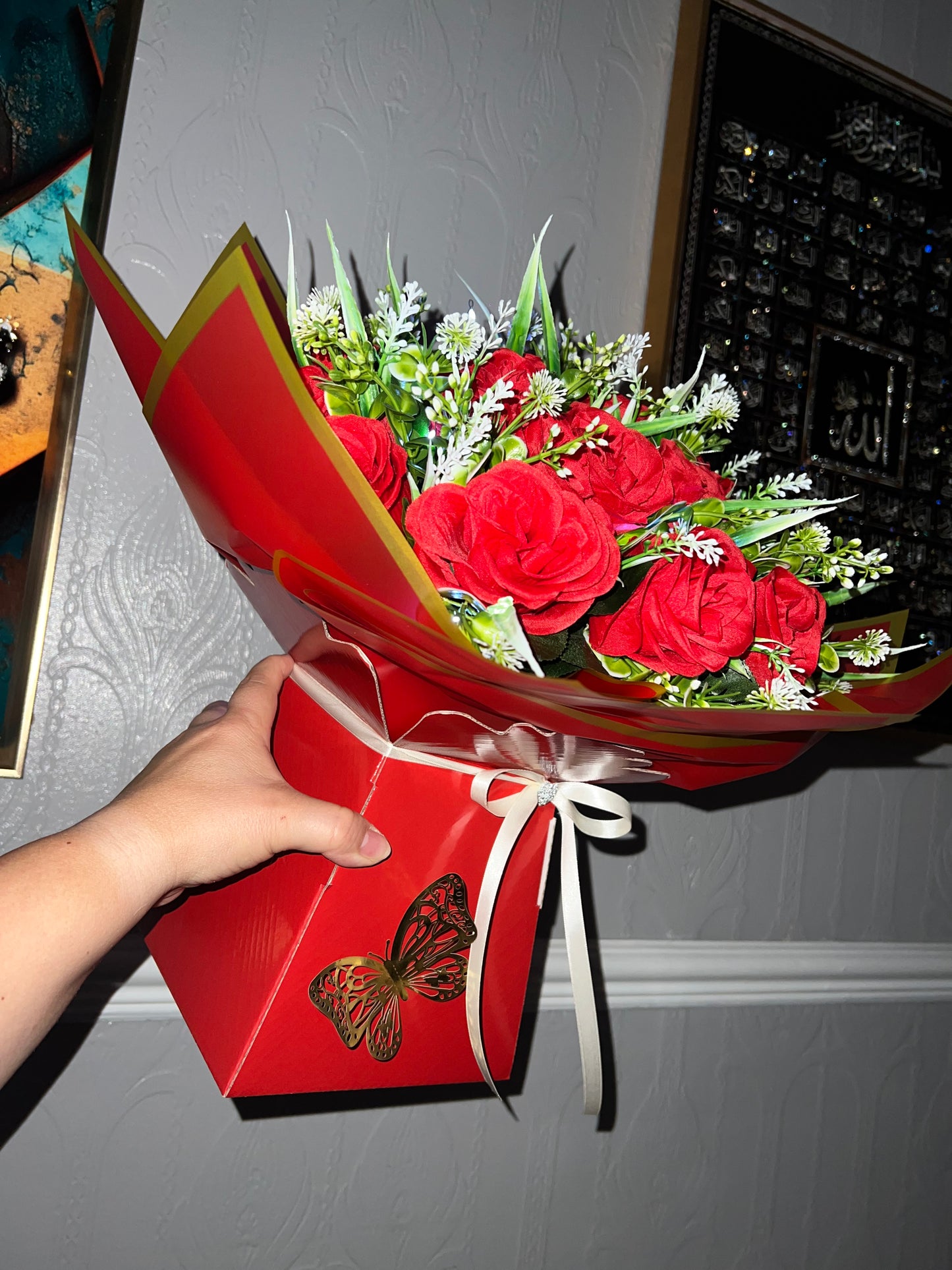 Elegant Red Artificial Flower Bouquet in Gift Box with led light