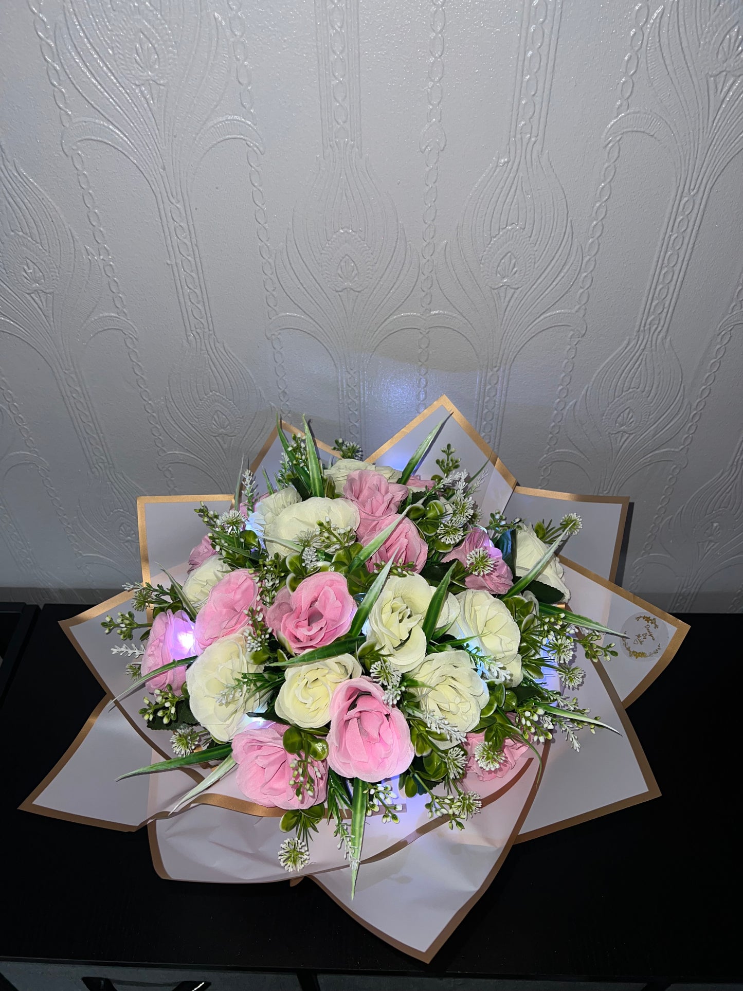 Elegant Pink & Cream Artificial Flower Bouquet in Gift Box with led light