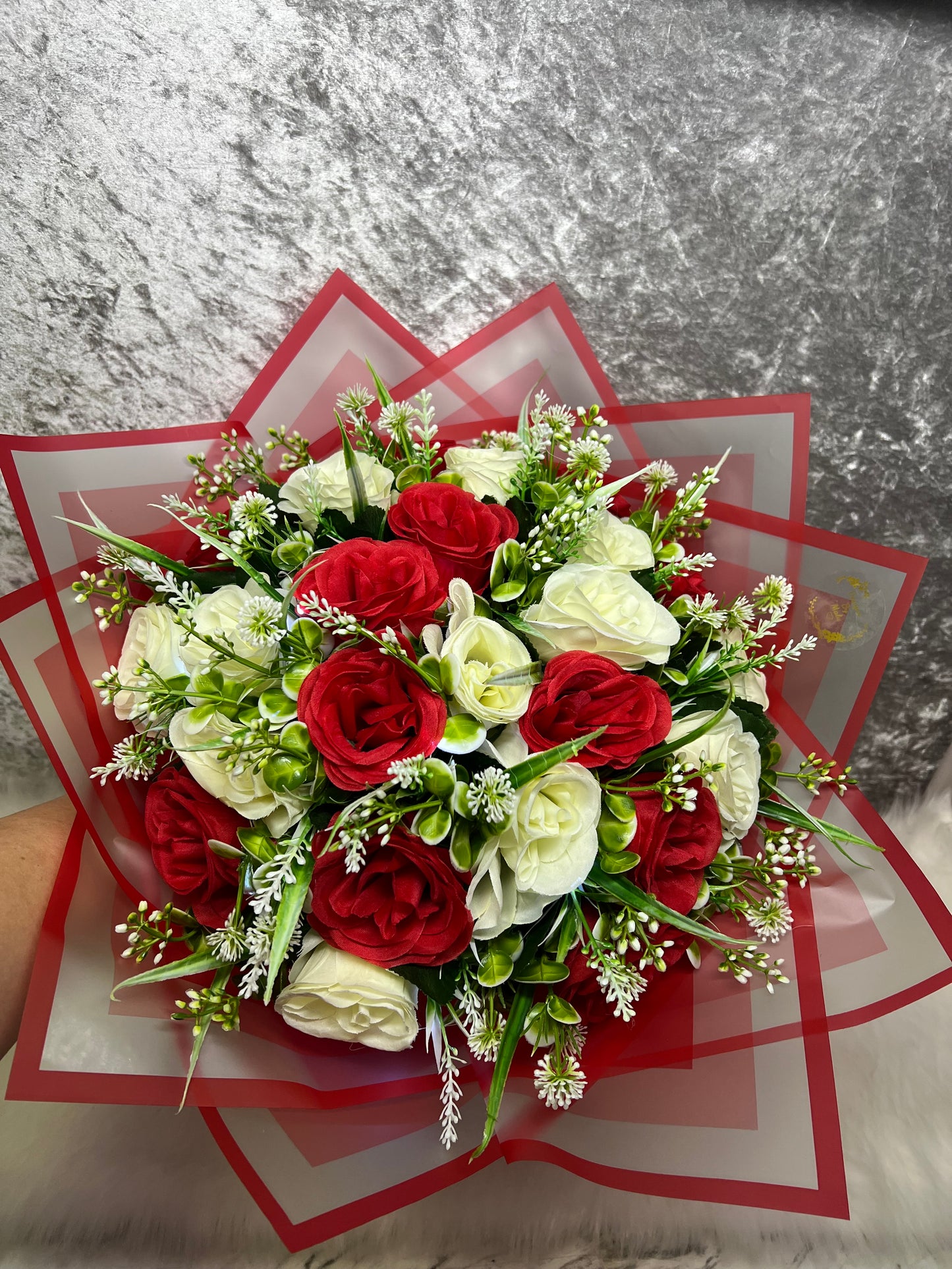Luxury Red & White Artificial Flower Bouquet in Gift Box Red & White Silk Rose Bouquet | Artificial Flowers | Romantic Gift Box Arrangement