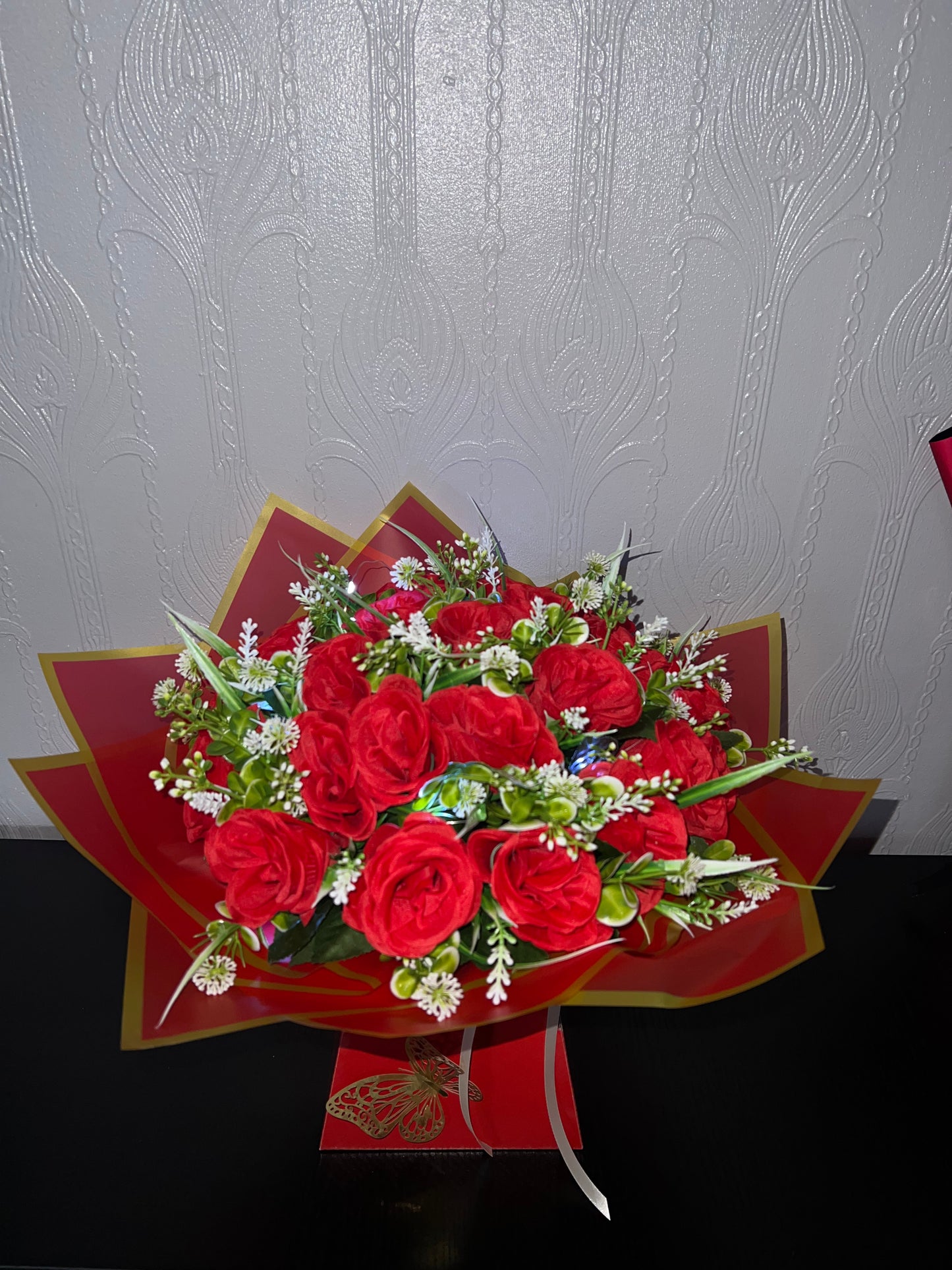 Elegant Red Artificial Flower Bouquet in Gift Box with led light