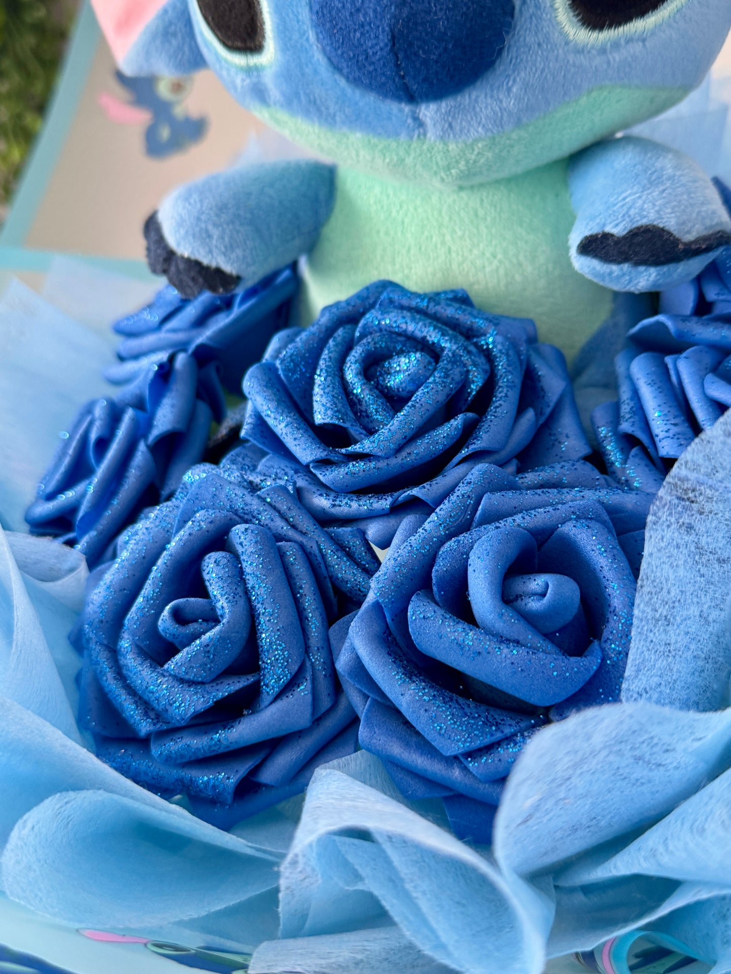 Stitch artificial rose bouquet with Plush and stitch wrapping
