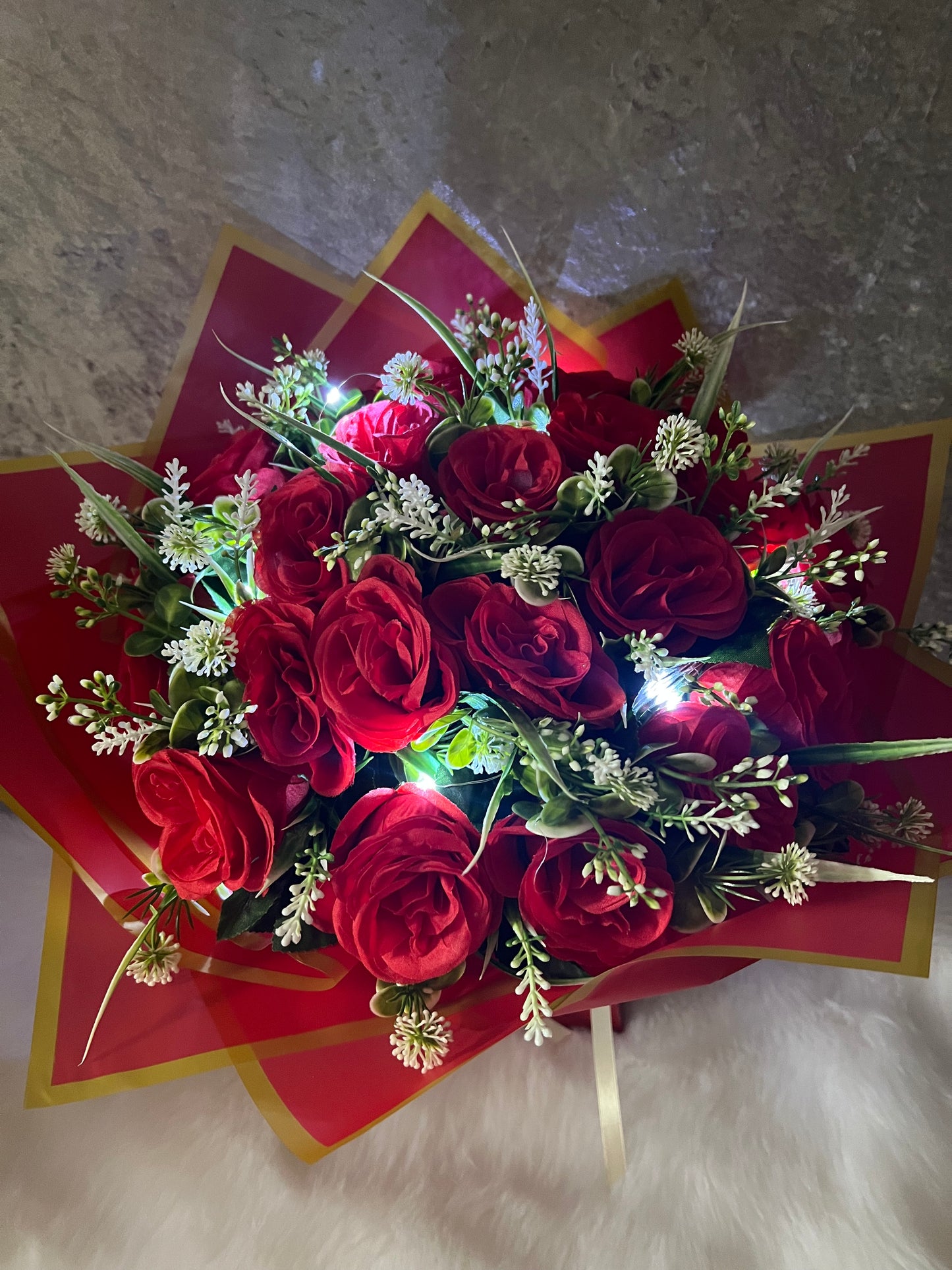 Elegant Red Artificial Flower Bouquet in Gift Box with led light