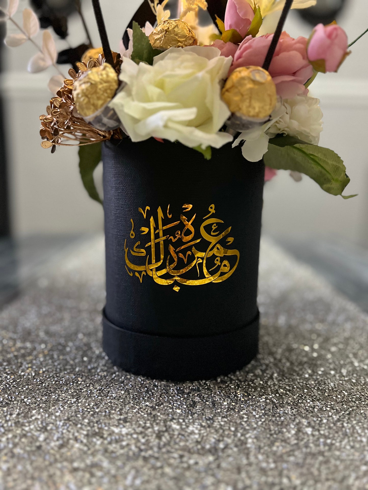 Personalised Umrah Mubarak balloon bouquet with artificial flowers Ferrero and led light