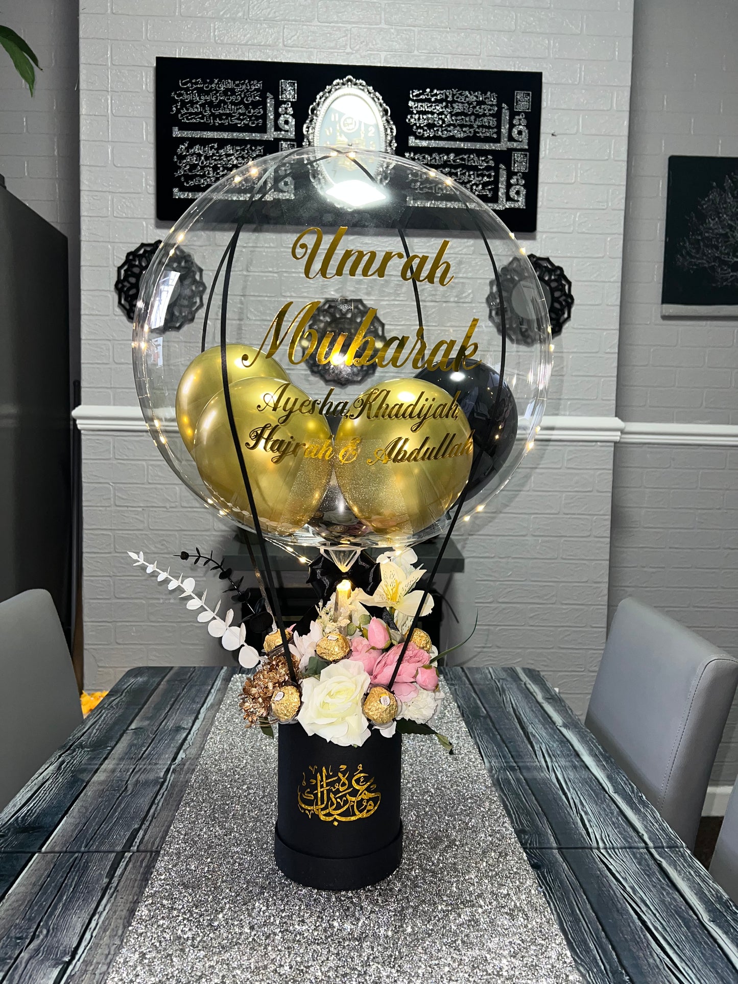 Personalised Umrah Mubarak balloon bouquet with artificial flowers Ferrero and led light