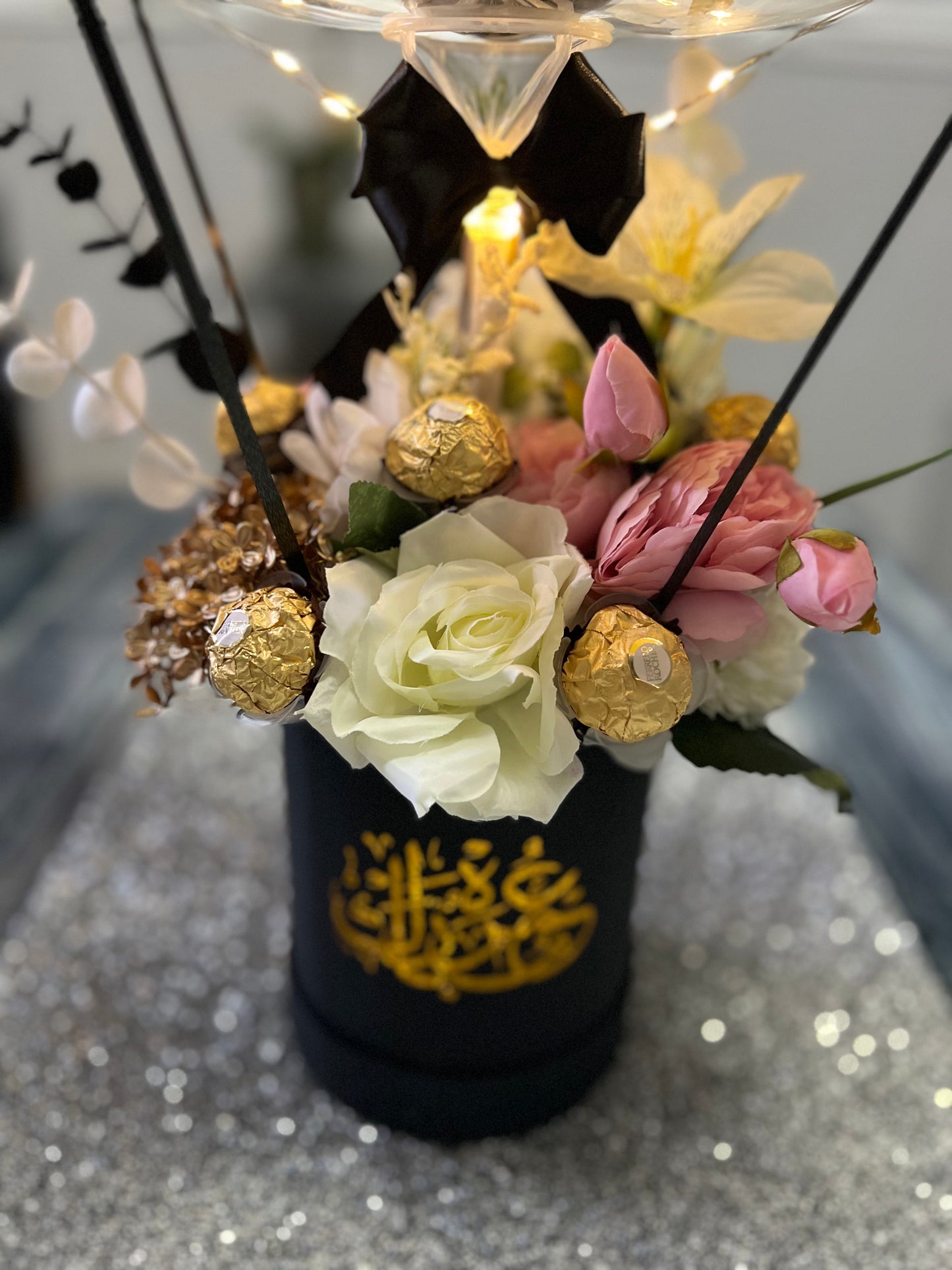 Personalised Umrah Mubarak balloon bouquet with artificial flowers Ferrero and led light