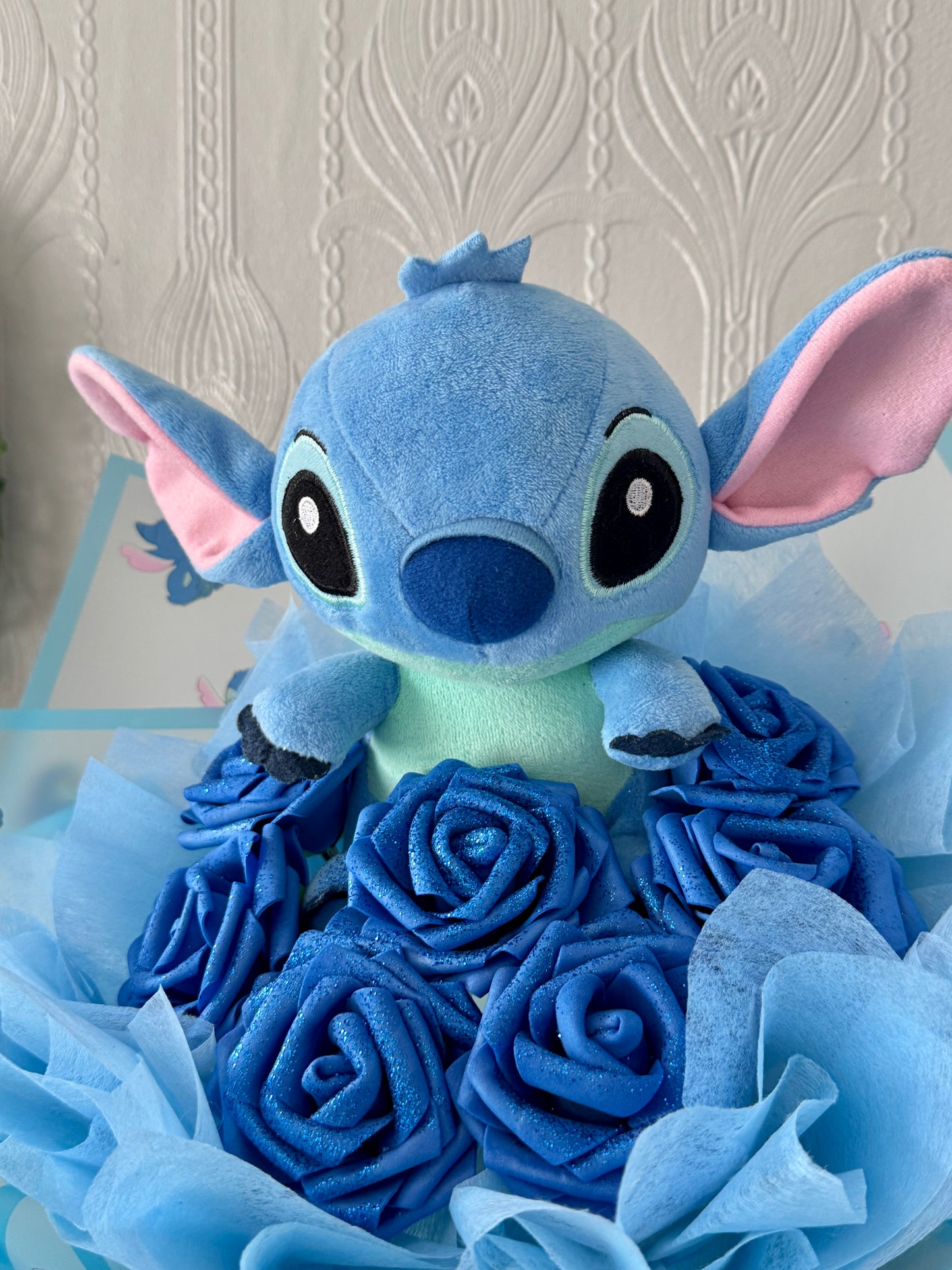 Stitch artificial rose bouquet with Plush and stitch wrapping