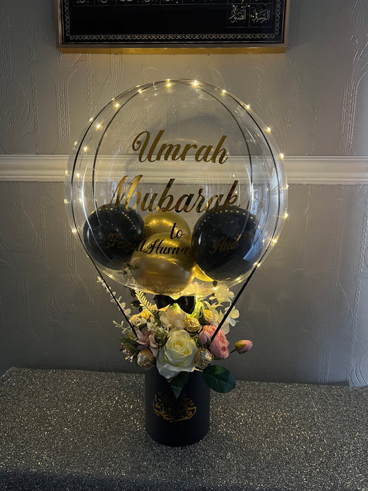 🌙 Personalised Umrah Mubarak Balloon Gift Islamic LED Balloon Floral Box and Ferrero