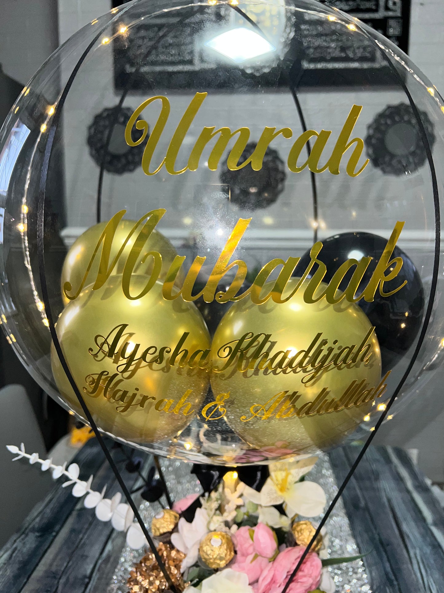 Personalised Umrah Mubarak balloon bouquet with artificial flowers Ferrero and led light