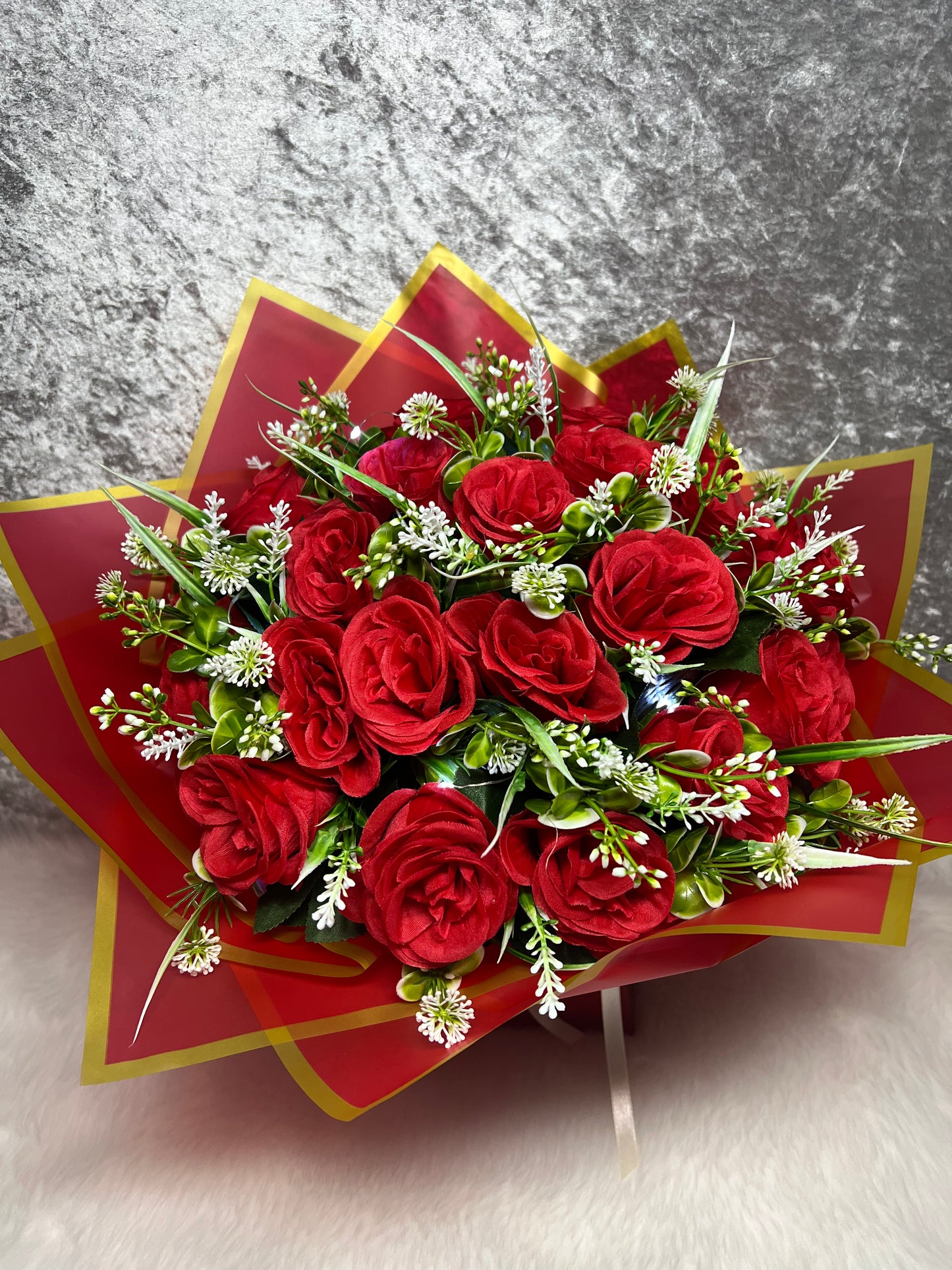 Elegant Red Artificial Flower Bouquet in Gift Box with led light