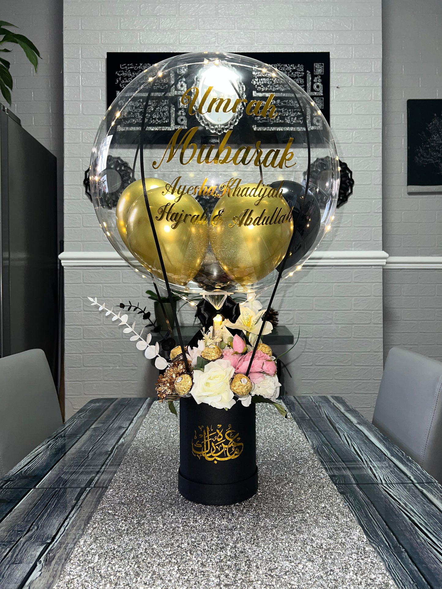 Personalised Umrah Mubarak balloon bouquet with artificial flowers Ferrero and led light