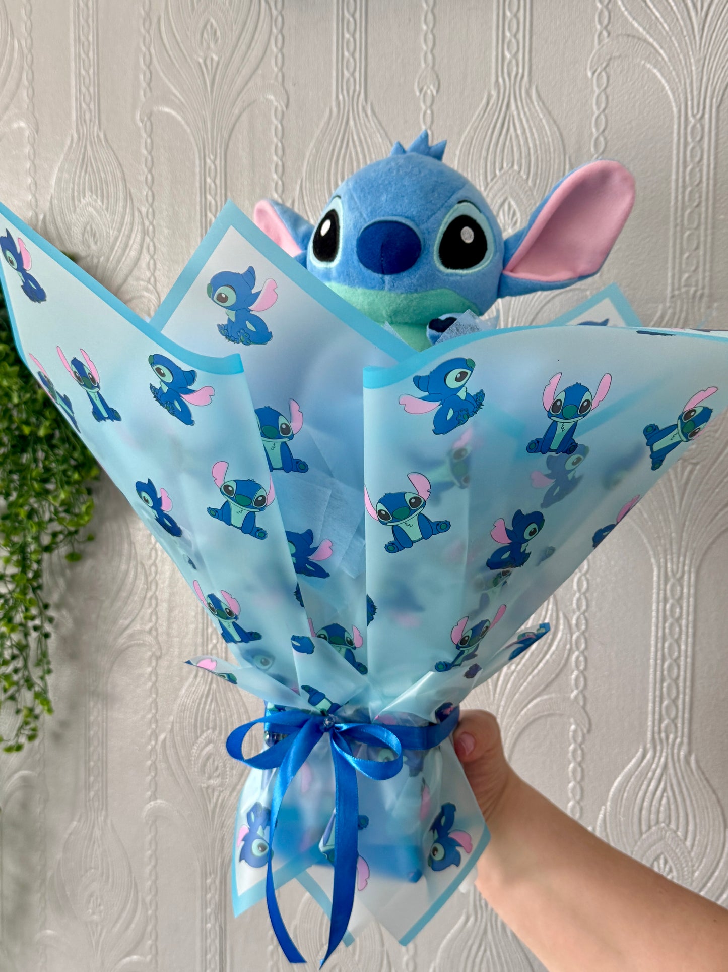 Stitch artificial rose bouquet with Plush and stitch wrapping