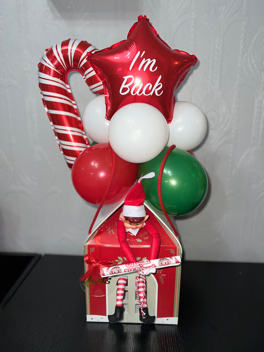 “I’m Back” Christmas Elf Balloon Gift Box | Personalised Holiday Return Display with inflated balloons