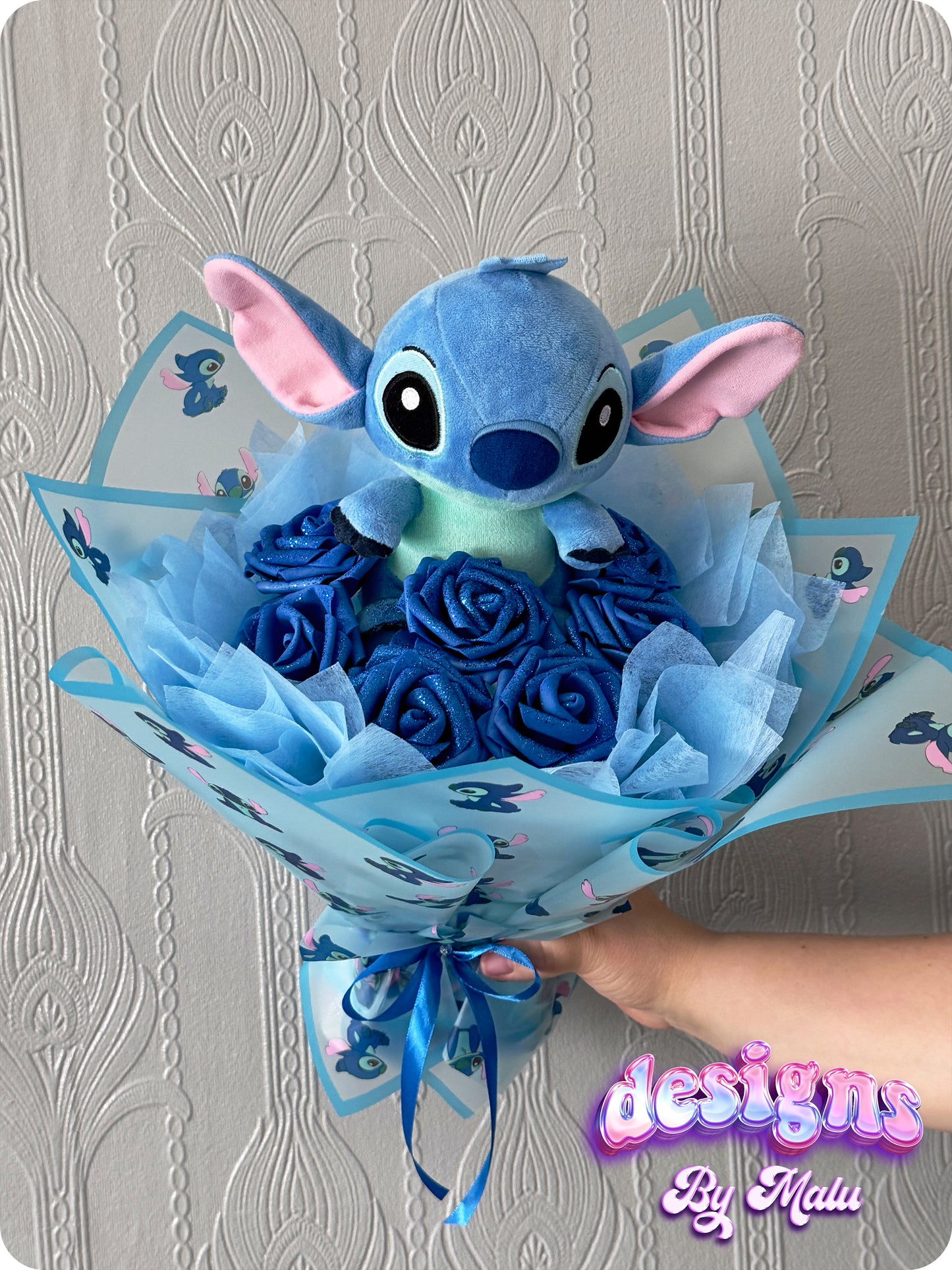 Cute Stitch Blue Glitter (ARTIFICIAL) Rose Bouquet with Stitch Wrapping, Perfect Birthday Gift! ππ
