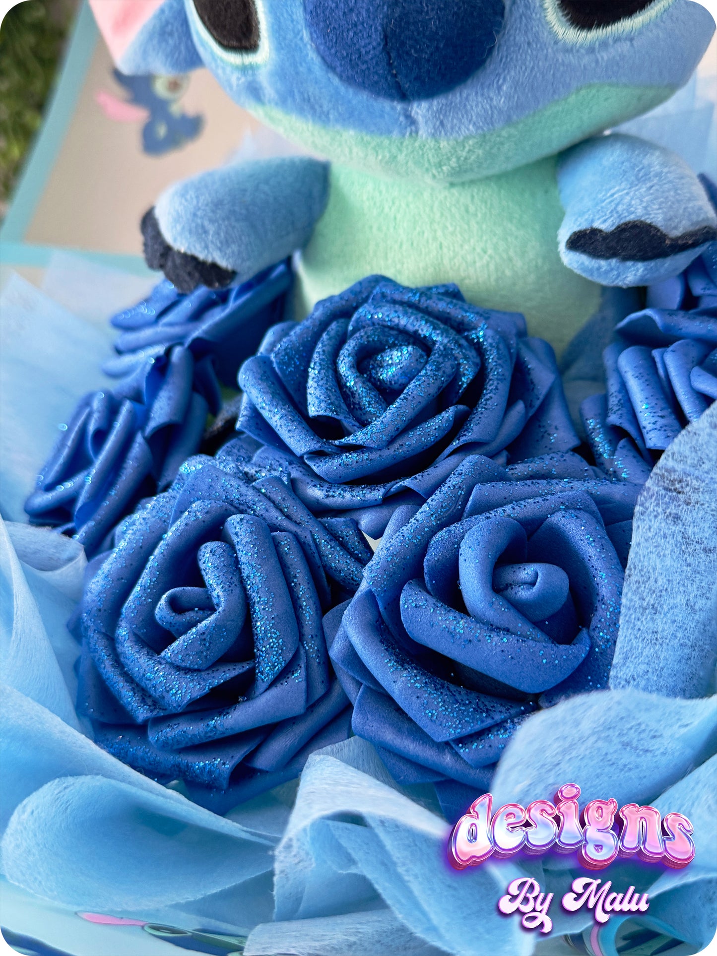 Cute Stitch Blue Glitter (ARTIFICIAL) Rose Bouquet with Stitch Wrapping, Perfect Birthday Gift! ππ