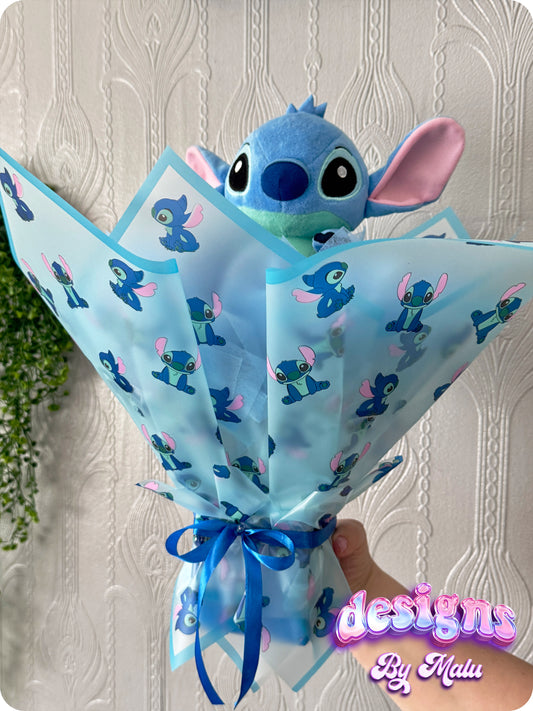 Cute Stitch Blue Glitter (ARTIFICIAL) Rose Bouquet with Stitch Wrapping, Perfect Birthday Gift! 💙💐