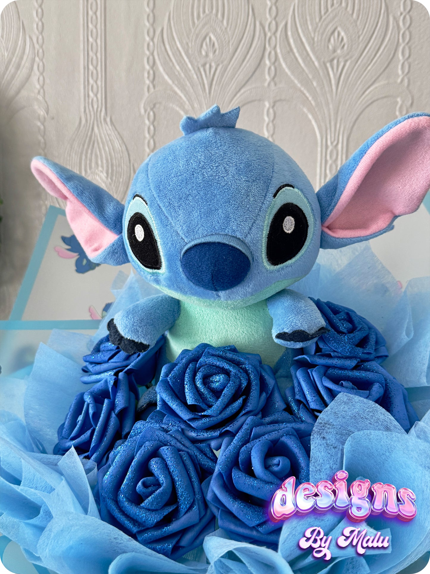Cute Stitch Blue Glitter (ARTIFICIAL) Rose Bouquet with Stitch Wrapping, Perfect Birthday Gift! ππ