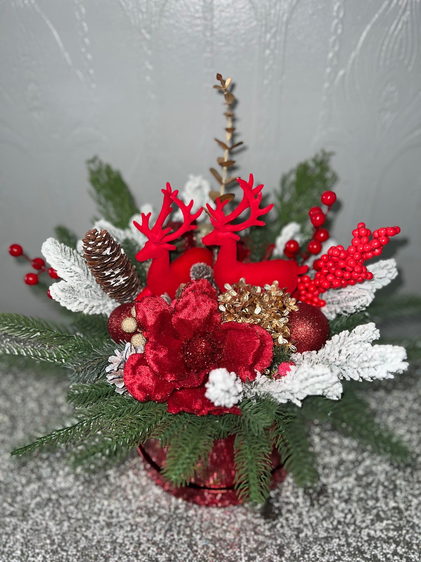 Red Luxury Christmas Floral Arrangement with Reindeer with hat box – Handmade Festive Centerpiece