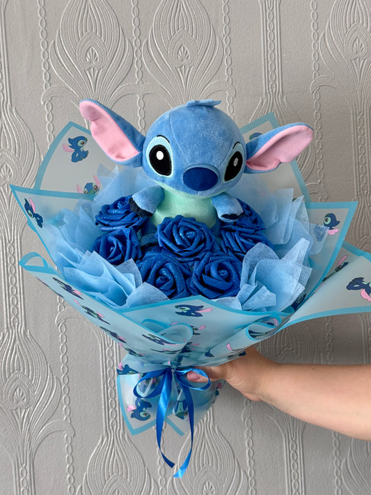 Stitch artificial rose bouquet with Plush and stitch wrapping