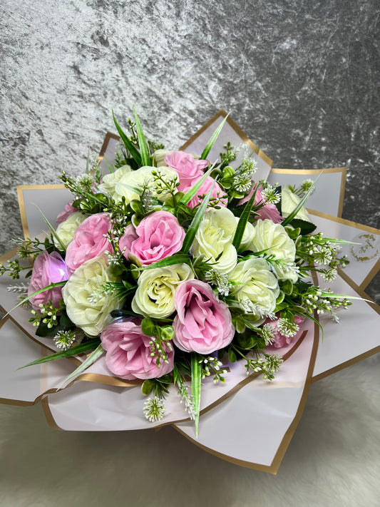 Elegant Pink & Cream Artificial Flower Bouquet in Gift Box with led light