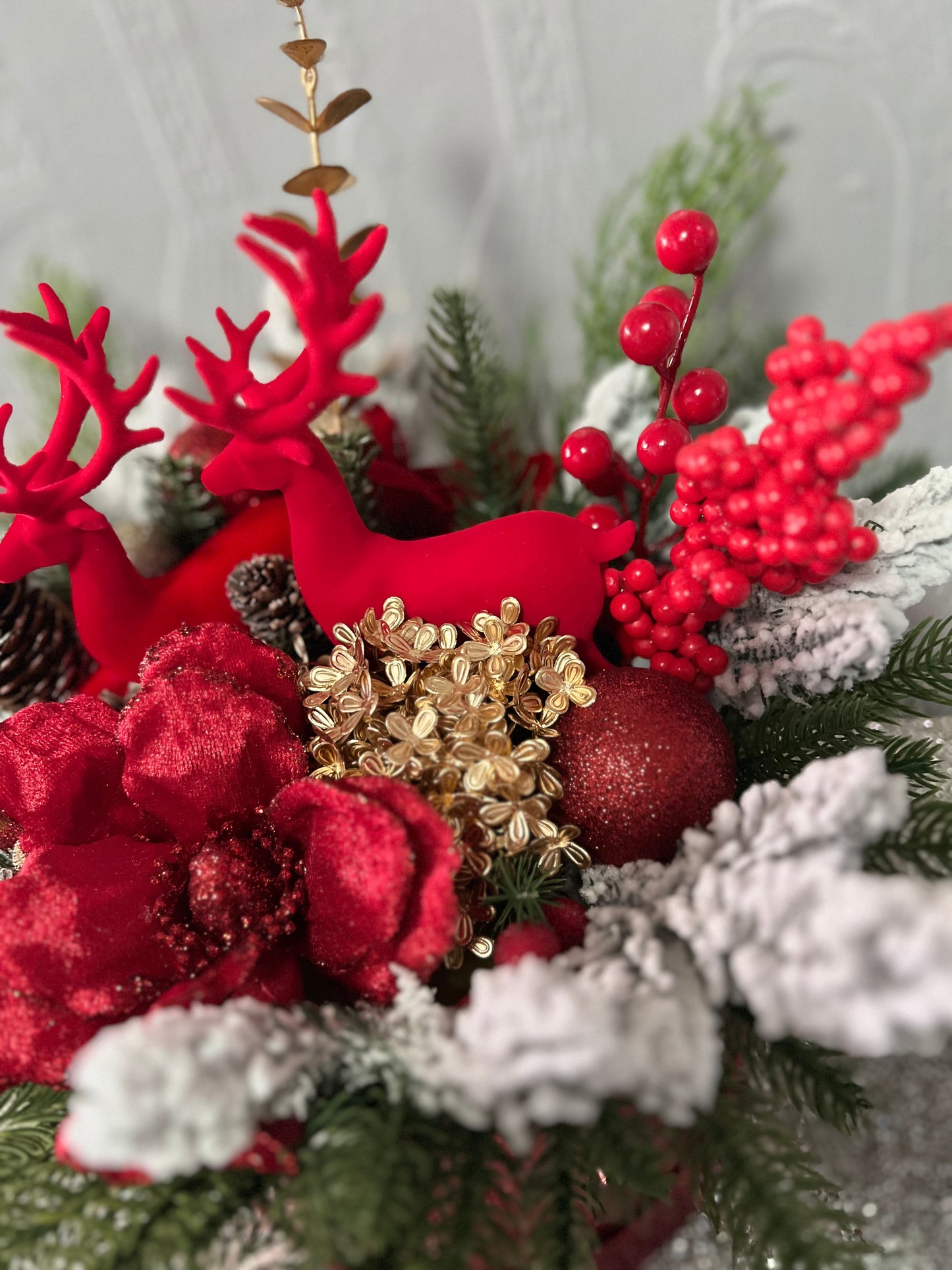 Red Luxury Christmas Floral Arrangement with Reindeer with hat box – Handmade Festive Centerpiece