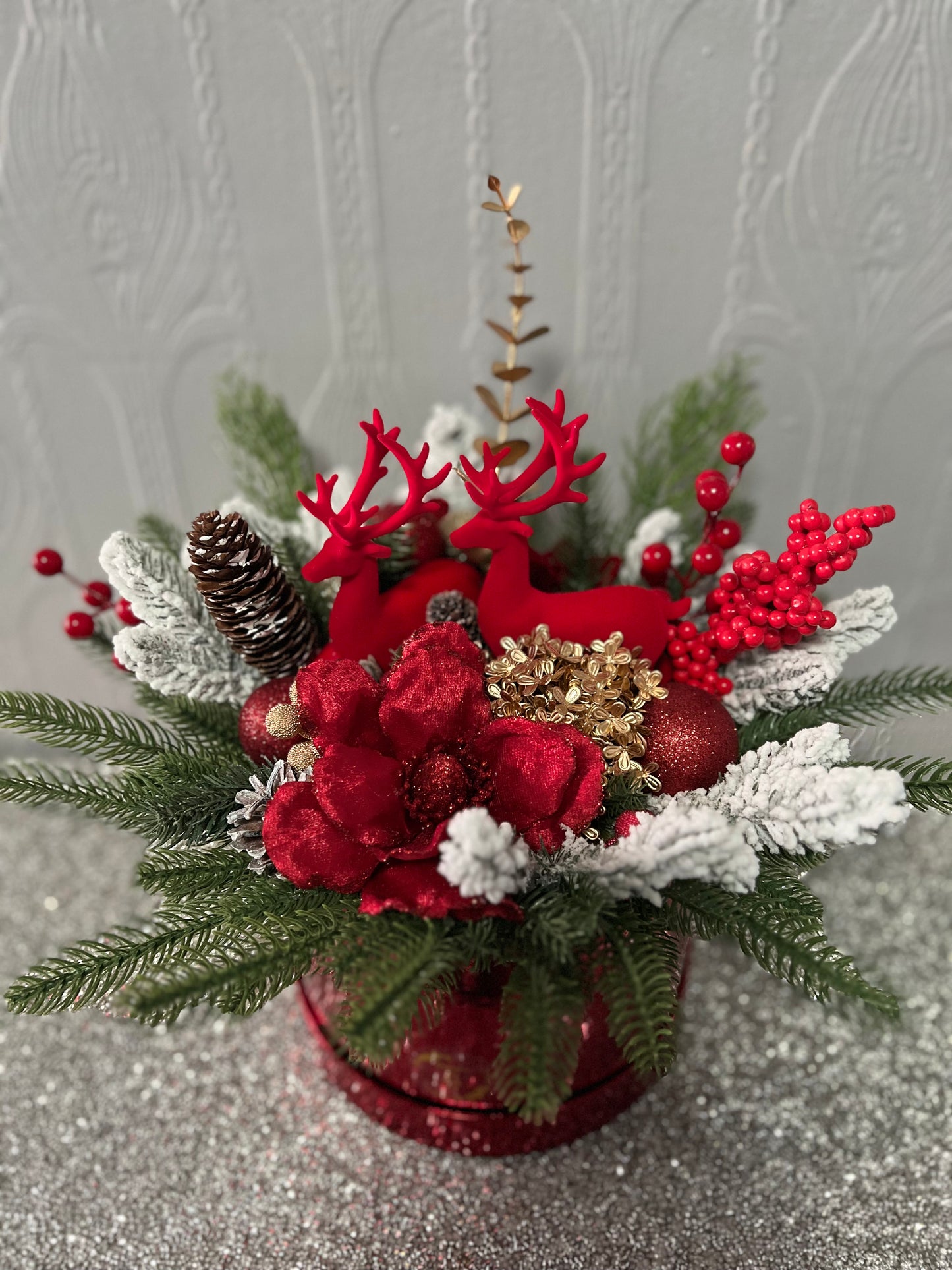 Red Luxury Christmas Floral Arrangement with Reindeer with hat box – Handmade Festive Centerpiece