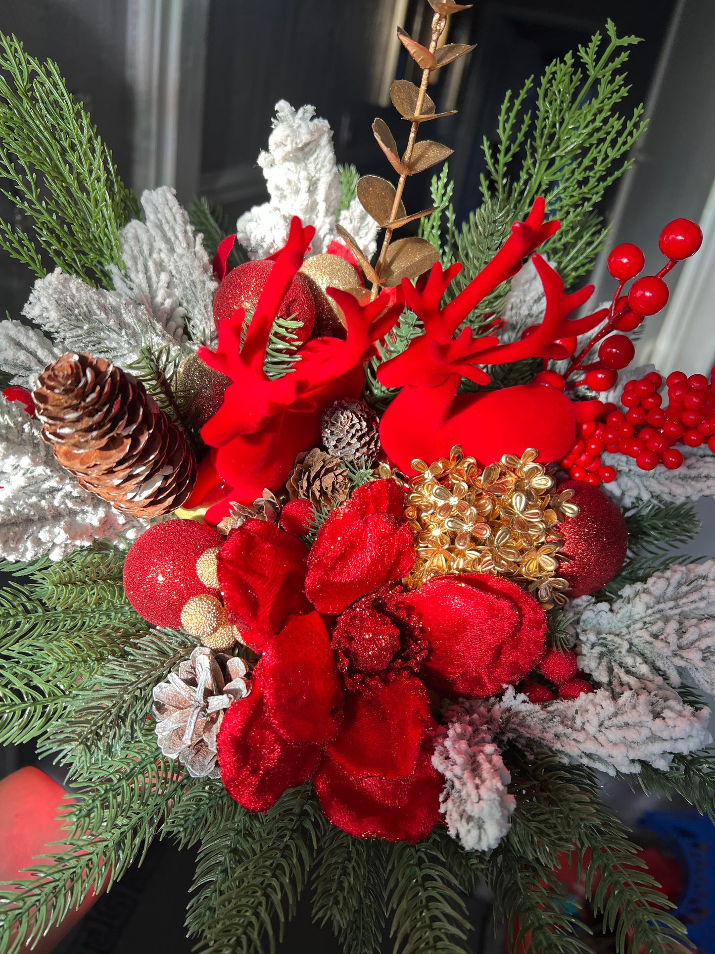 Red Luxury Christmas Floral Arrangement with Reindeer with hat box – Handmade Festive Centerpiece