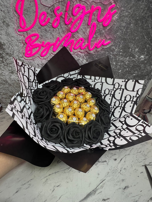 Black Rose & Ferrero bouquet wrapped with designer paper (artificial roses)