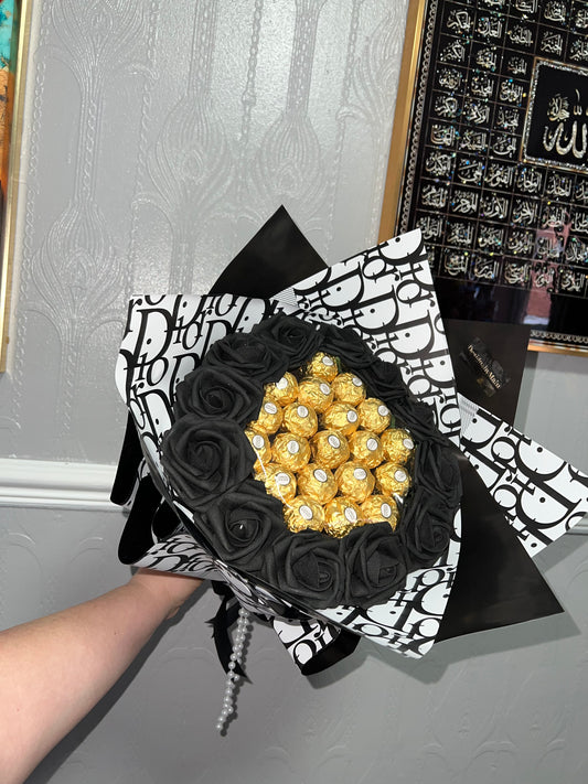 Black Rose & Ferrero bouquet wrapped with designer paper (artificial roses)