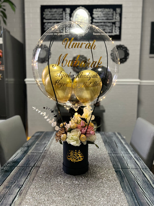 Personalised Umrah Mubarak balloon bouquet with artificial flowers Ferrero and led light