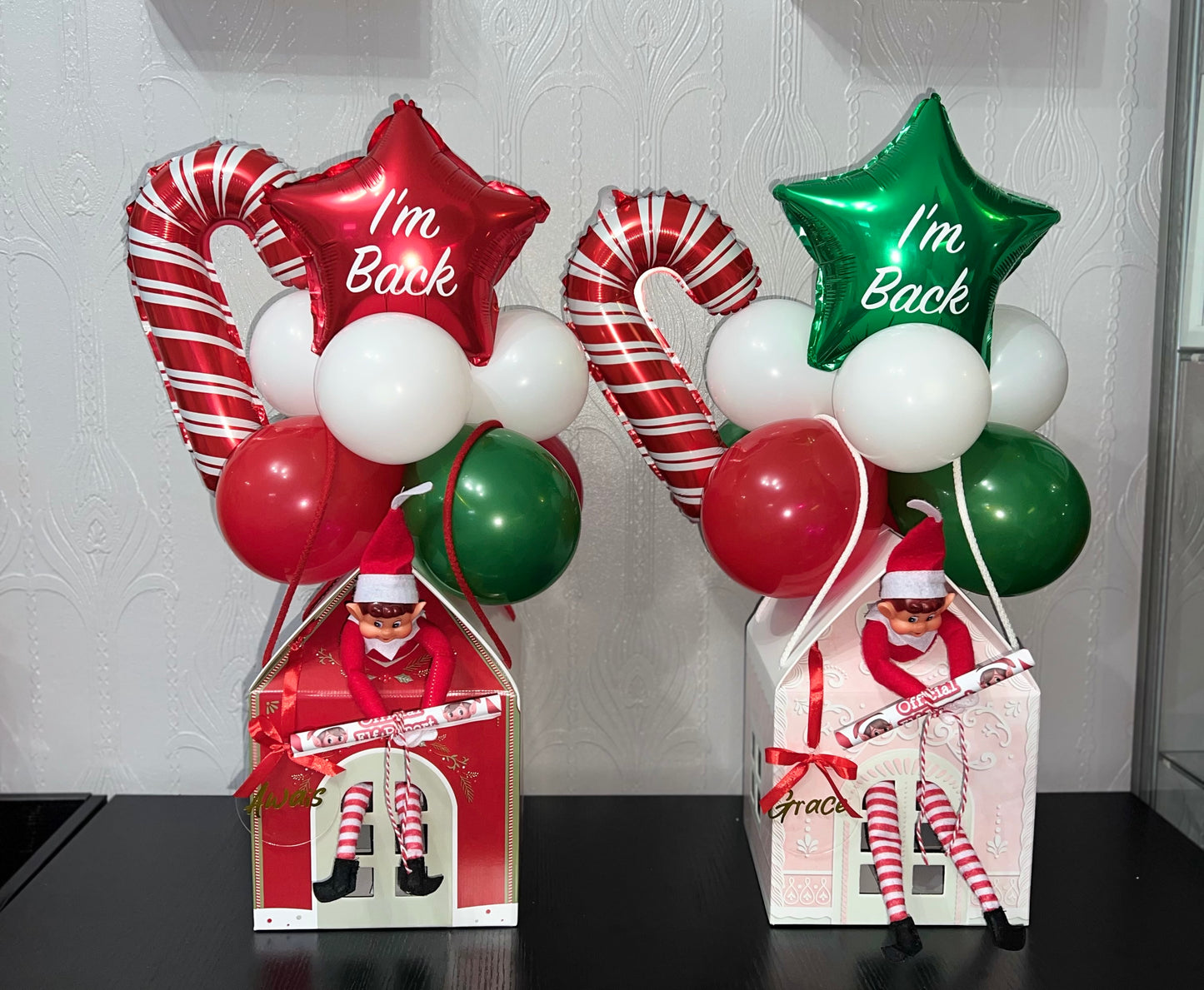 “I’m Back” Christmas Elf Balloon Gift Box | Personalised Holiday Return Display with inflated balloons