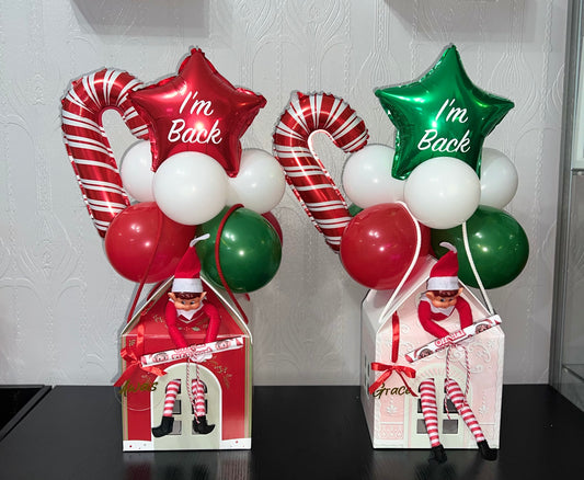 “I’m Back” Christmas Elf Balloon Gift Box | Personalised Holiday Return Display with inflated balloons