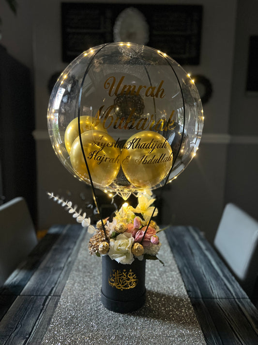 Personalised Umrah Mubarak balloon bouquet with artificial flowers Ferrero and led light