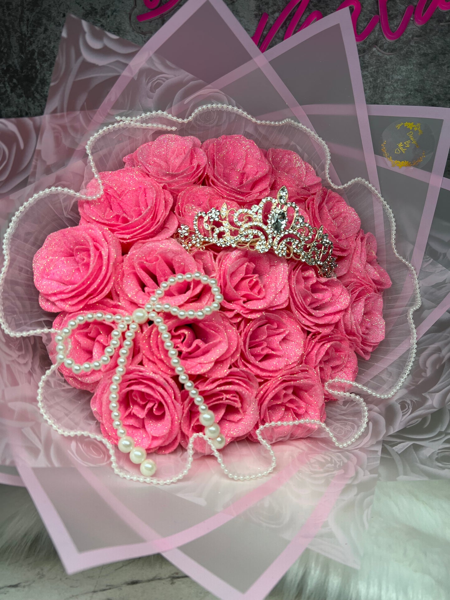 Luxury Pink Glitter rose bouquet (artificial roses) with Tiara , birthday bouquet, Christmas gift