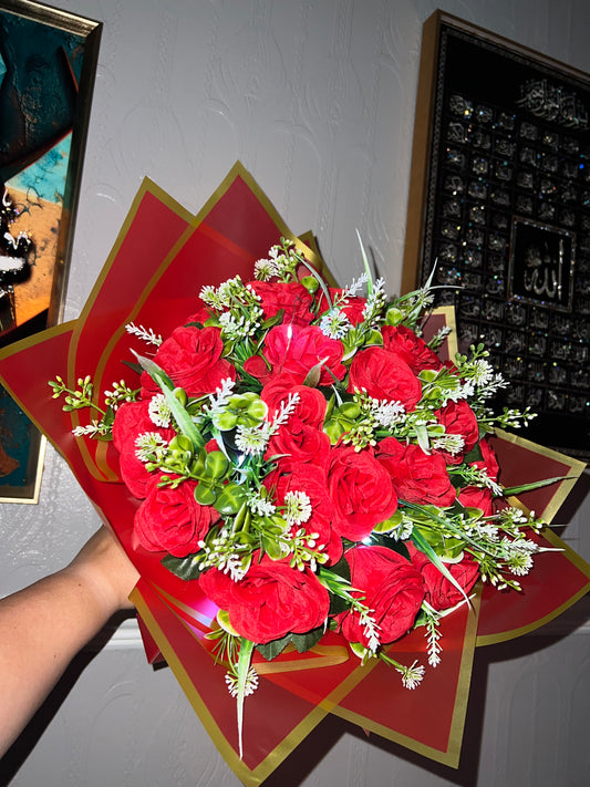 Elegant Red Artificial Flower Bouquet in Gift Box with led light