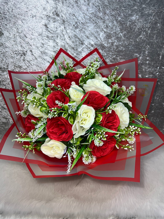 Luxury Red & White Artificial Flower Bouquet in Gift Box Red & White Silk Rose Bouquet | Artificial Flowers | Romantic Gift Box Arrangement