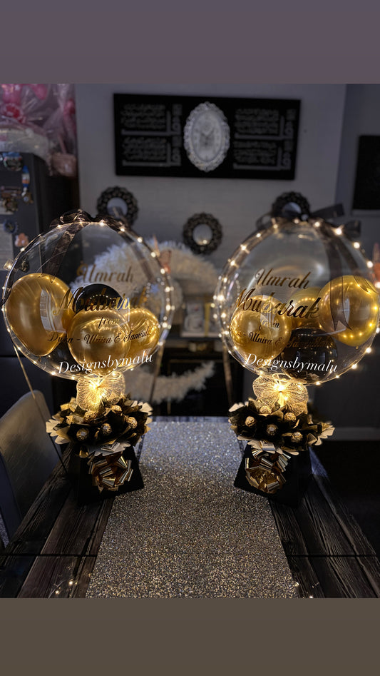 Umrah Mubarak Balloon Gift | Personalized Bubble Balloon with Lights & Chocolates | Islamic Celebration Gift | Luxury Umrah Decoration