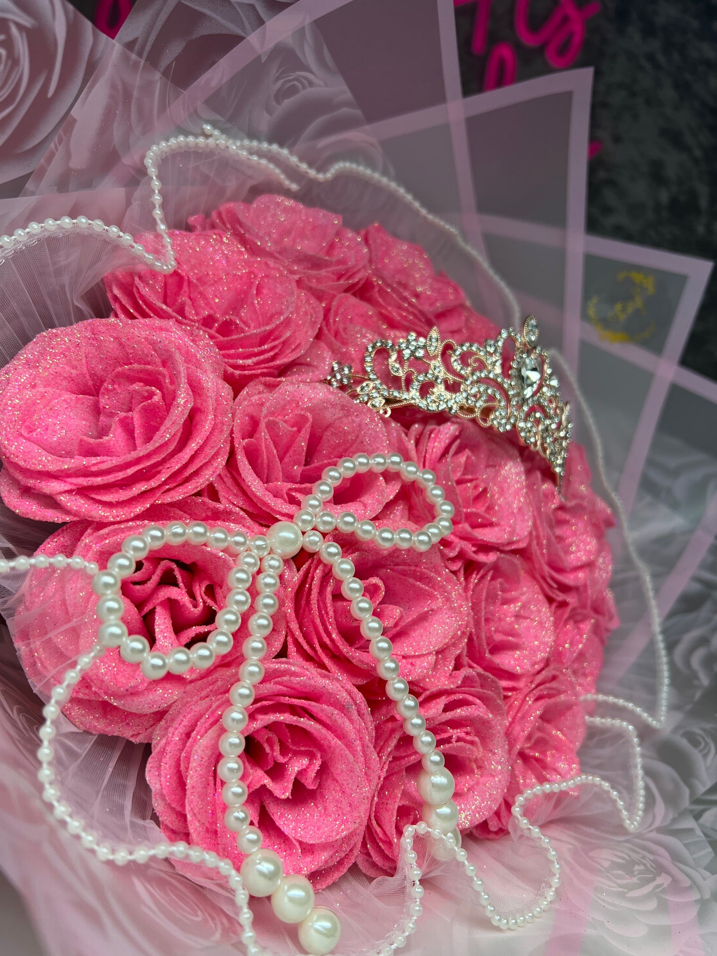 Luxury Pink Glitter rose bouquet (artificial roses) with Tiara , birthday bouquet, Christmas gift