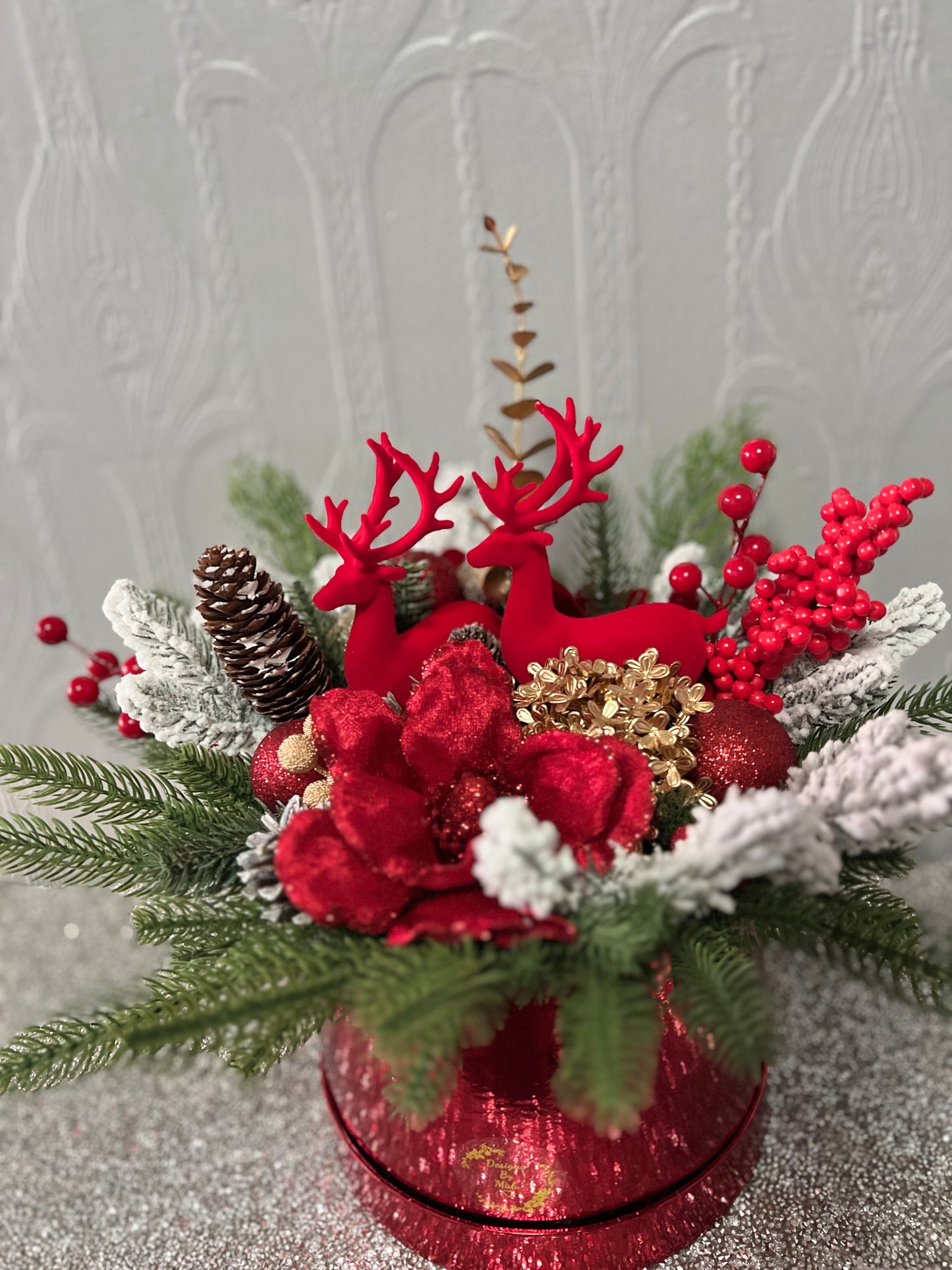 Red Luxury Christmas Floral Arrangement with Reindeer with hat box – Handmade Festive Centerpiece