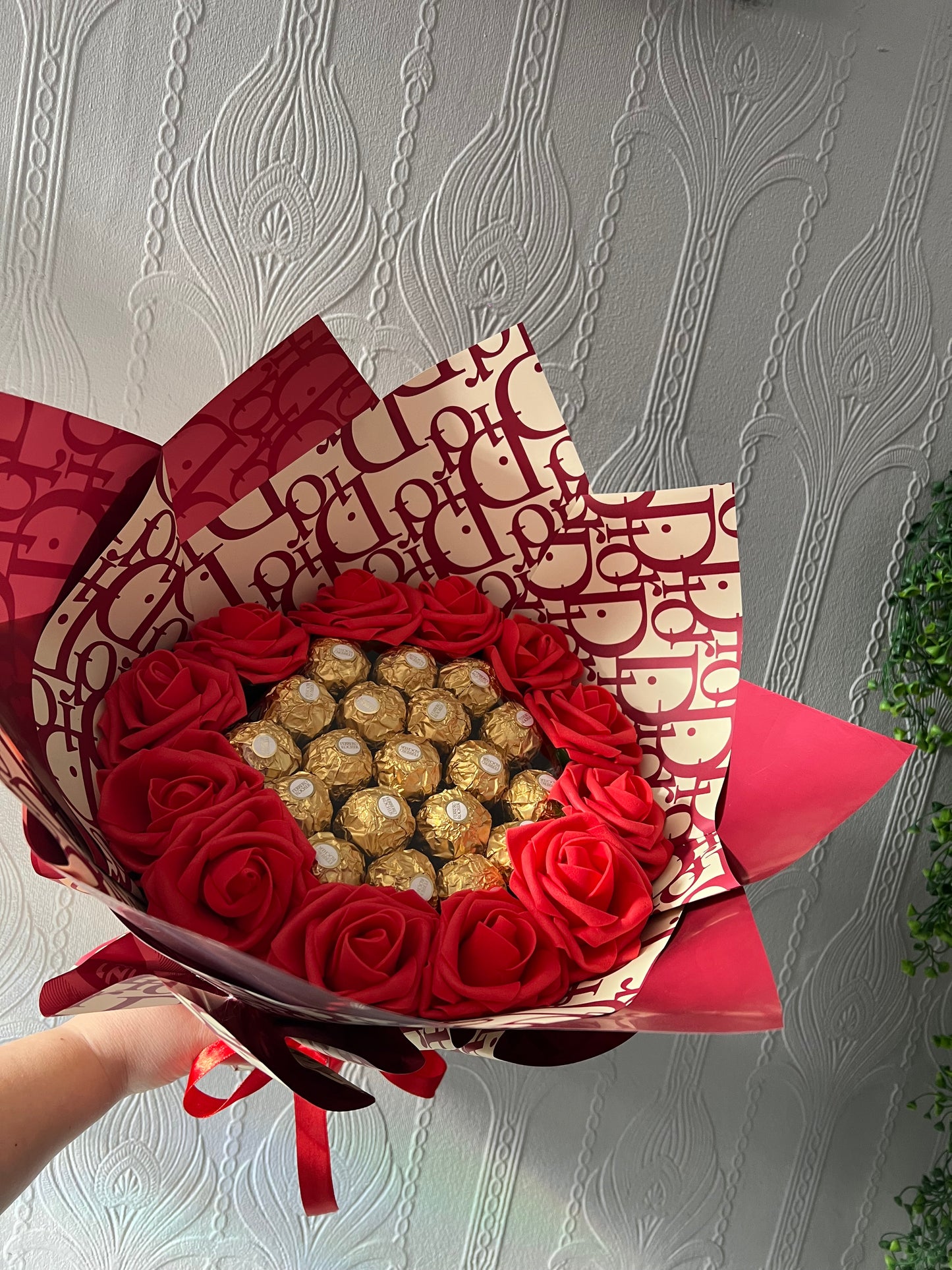 Red Rose & Ferrero bouquet wrapped with designer paper (artificial roses)