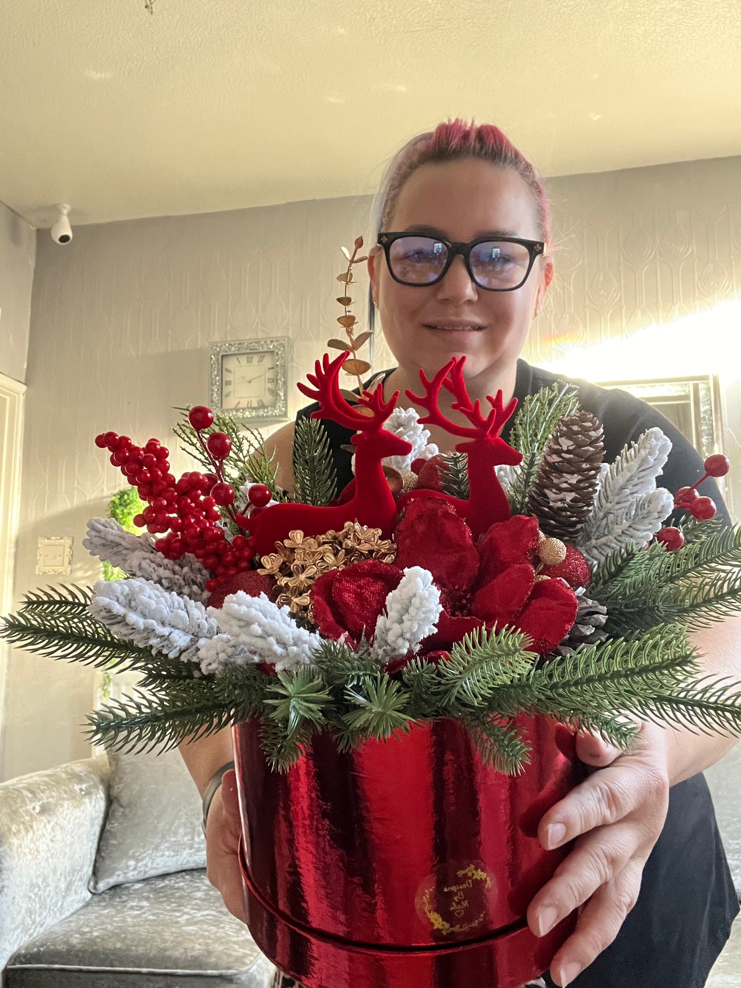 Red Luxury Christmas Floral Arrangement with Reindeer with hat box – Handmade Festive Centerpiece