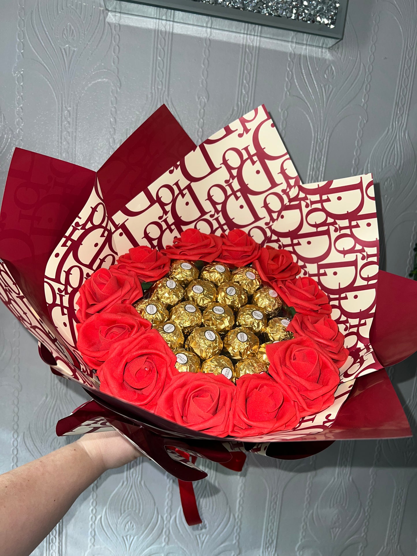 Red Rose & Ferrero bouquet wrapped with designer paper (artificial roses)