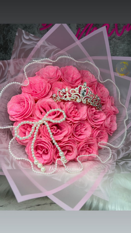 Luxury Pink Glitter rose bouquet (artificial roses) with Tiara , birthday bouquet, Christmas gift