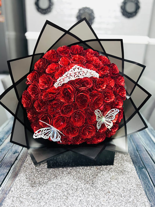 🌹 Luxury 50 Red Glitter Rose Bouquet with Tiara & Butterflies – Perfect Gift for Any Occasion