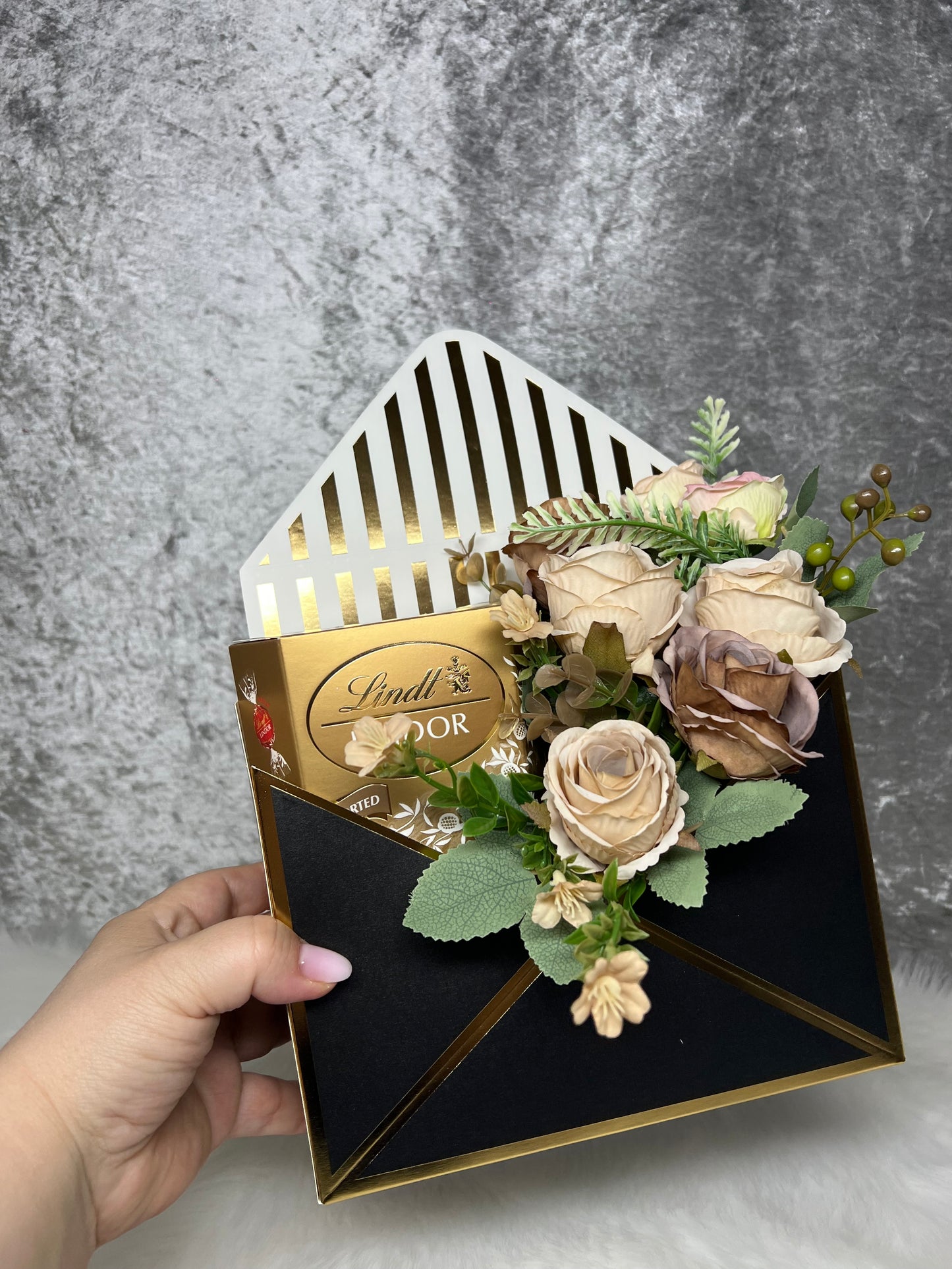 Elegant Lindt Lindor Floral Envelope Gift Box (artificial flowers)