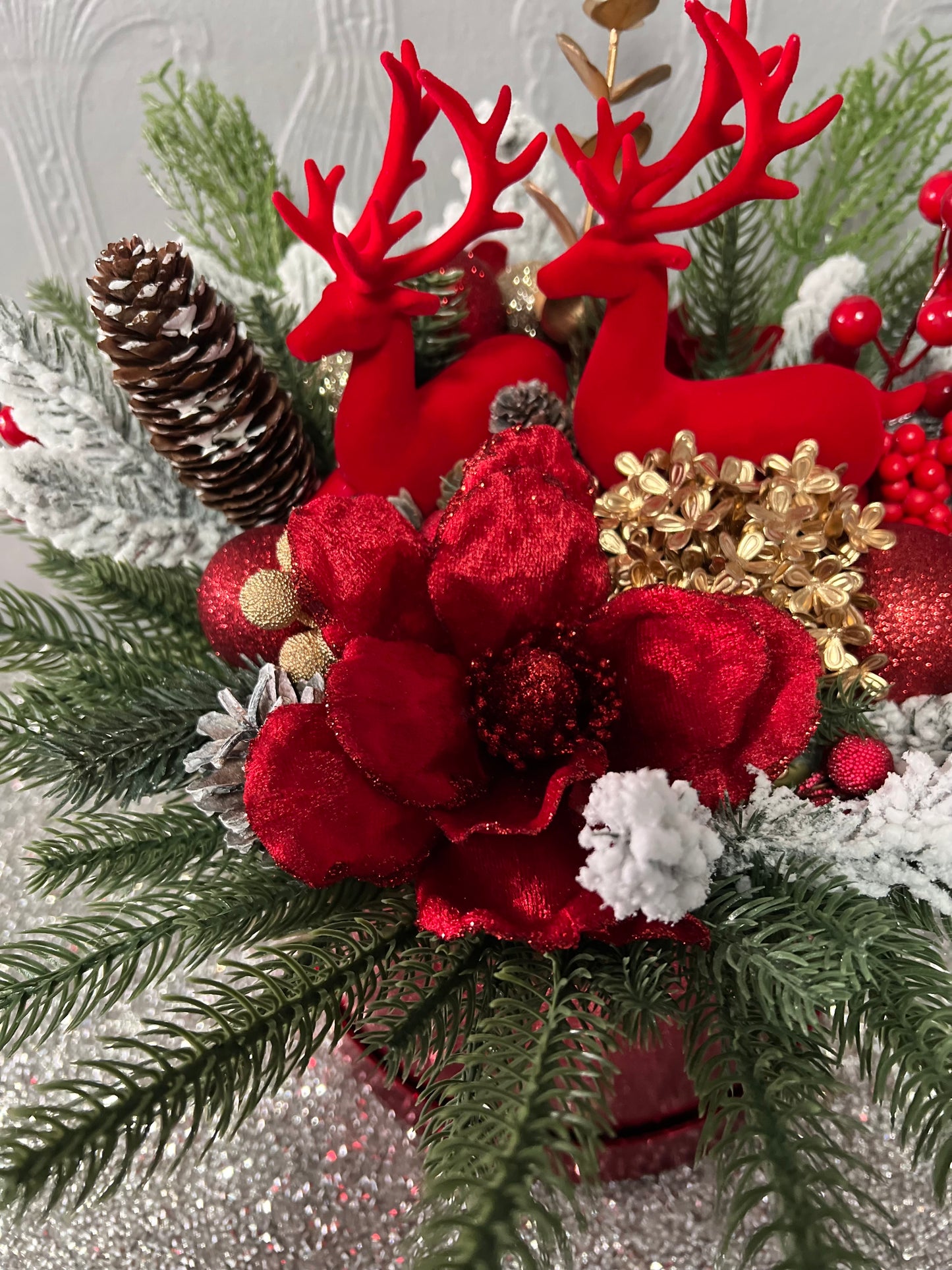 Red Luxury Christmas Floral Arrangement with Reindeer with hat box – Handmade Festive Centerpiece