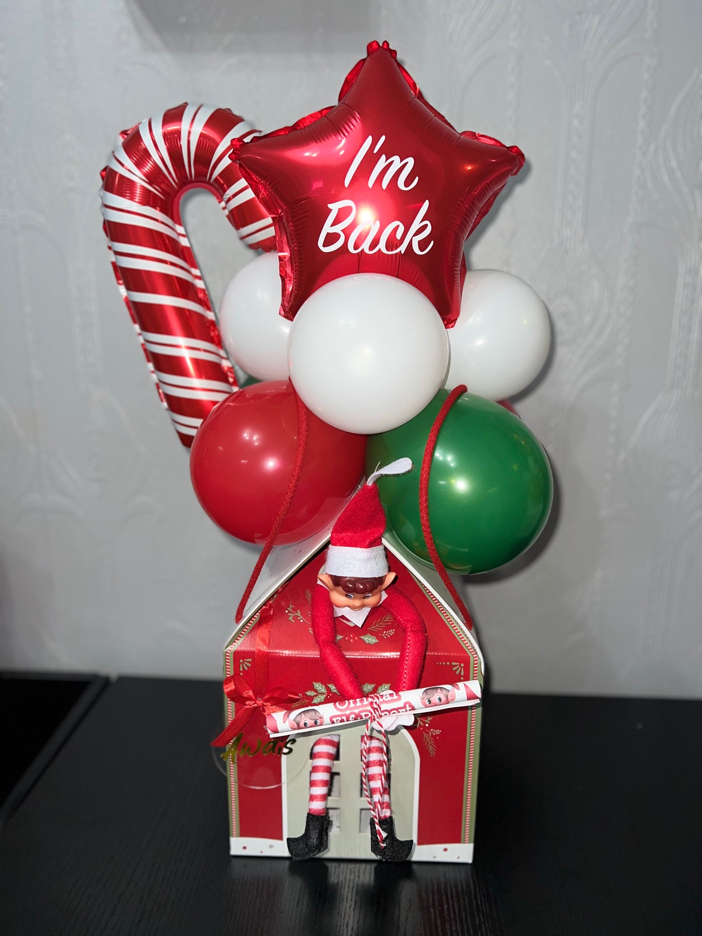“I’m Back” Christmas Elf Balloon Gift Box | Personalised Holiday Return Display with inflated balloons