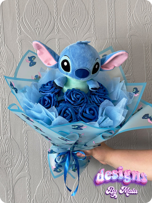 Cute Stitch Blue Glitter (ARTIFICIAL) Rose Bouquet with Stitch Wrapping, Perfect Birthday Gift! 💙💐